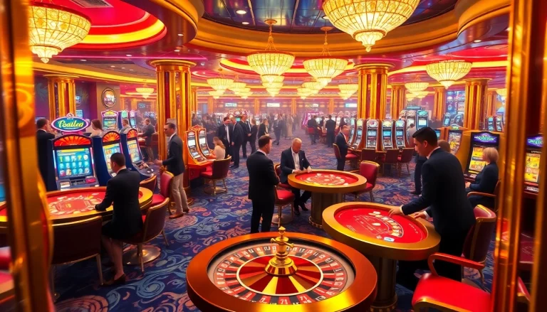 This vibrant casino scene captures the essence of thrill in the 24k club, showcasing high-stakes gaming and luxurious decor.