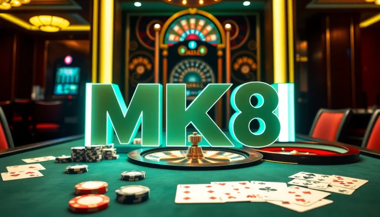 Experience thrilling gaming at MK8 casino with poker chips and roulette wheel.