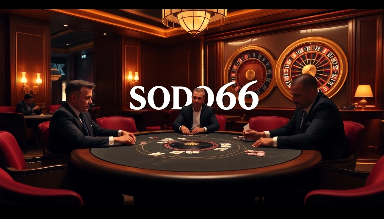 SODO66 poker players engaged in thrilling gameplay at an upscale casino.