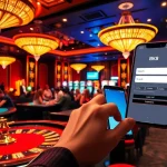 Engaging in bk8 login on a smartphone surrounded by vibrant casino gaming elements.