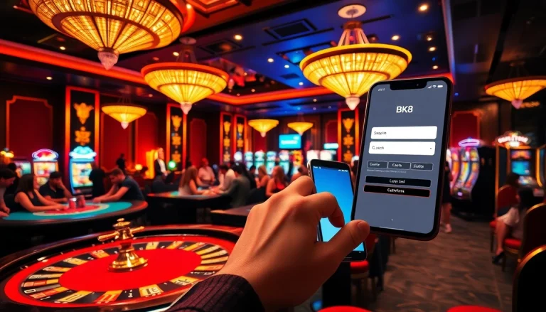 Engaging in bk8 login on a smartphone surrounded by vibrant casino gaming elements.