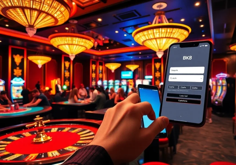 Engaging in bk8 login on a smartphone surrounded by vibrant casino gaming elements.