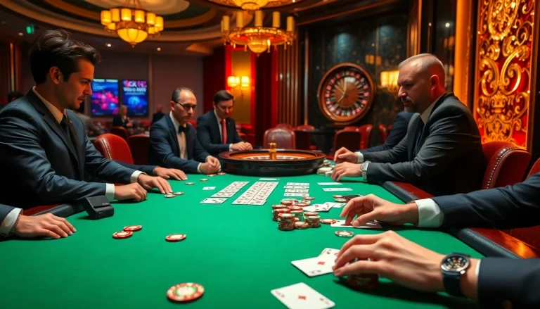 Players enjoying an exciting poker game at a luxury casino, showcasing KK55 poker chips and vibrant ambiance.