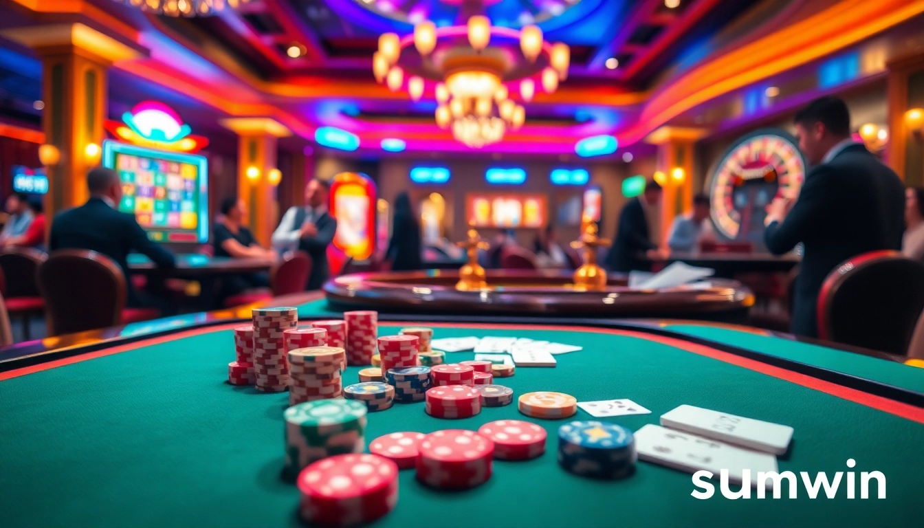 Exciting casino action featuring sunwin gaming elements, with poker chips, cards, and a spinning roulette wheel.