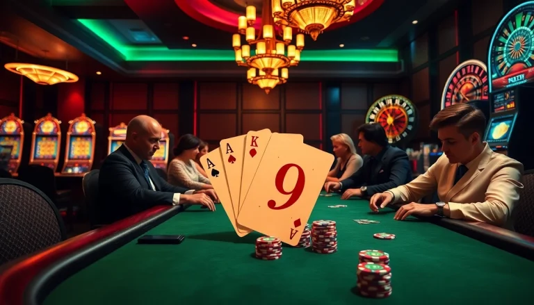 Engaged players at a poker table in a luxurious casino showcase a thrilling 79 king gambling atmosphere.