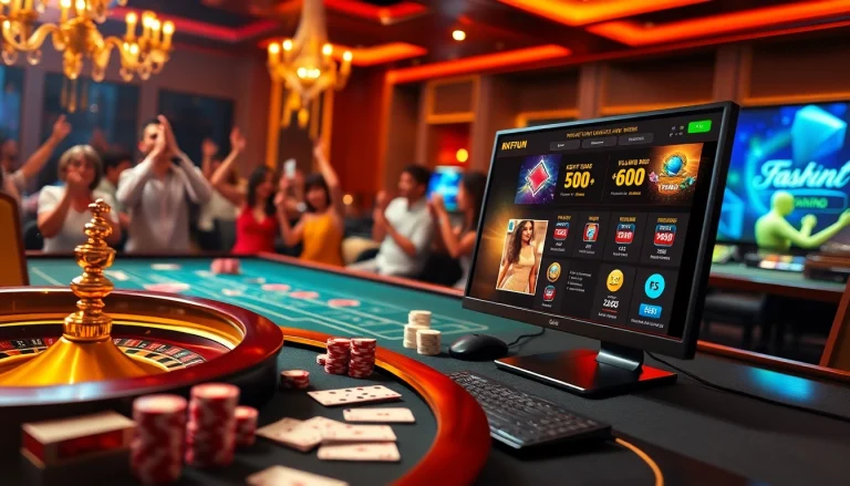 Experience thrilling promotions at okfun through an engaging casino scene with vibrant poker chips and roulette wheel.