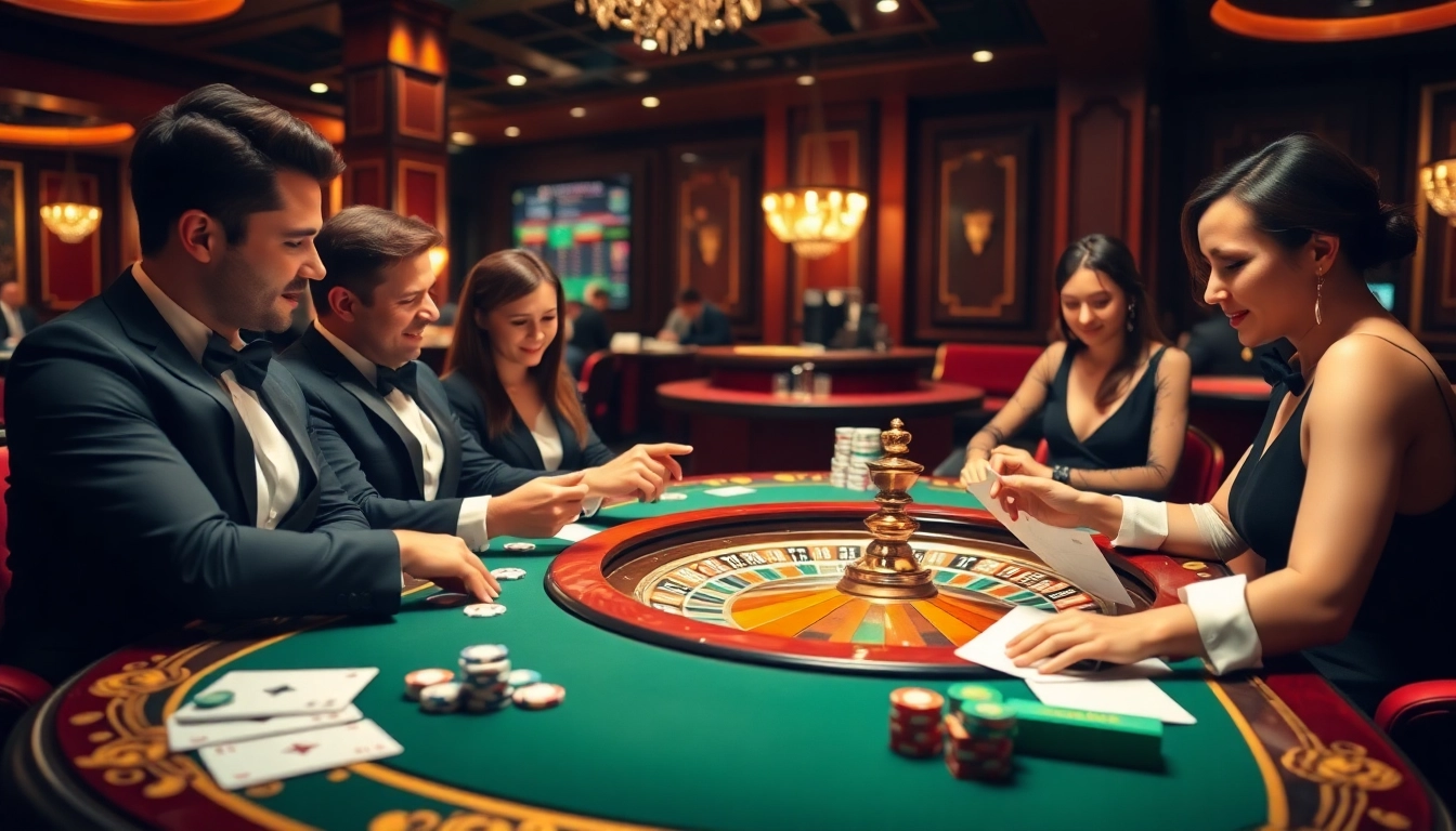Gamblers engaging in strategic lô kép 247 betting at a luxurious casino.
