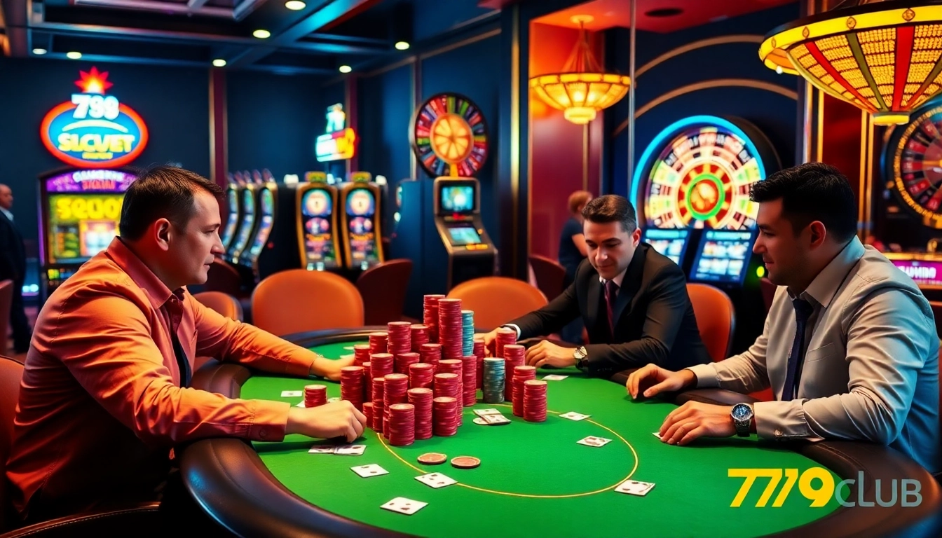 Professional players enjoying intense poker action at 789club casino table.