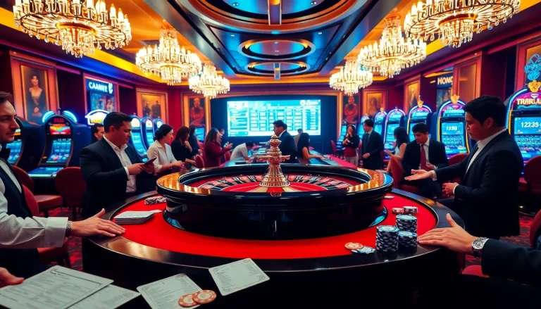 Visitors engage in exciting games at https://nh88vn.com/, showcasing a luxurious casino atmosphere.