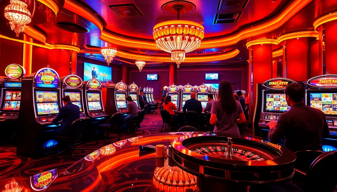 Players enjoying an exciting game of slot api raja 88 amidst a vibrant casino setting.