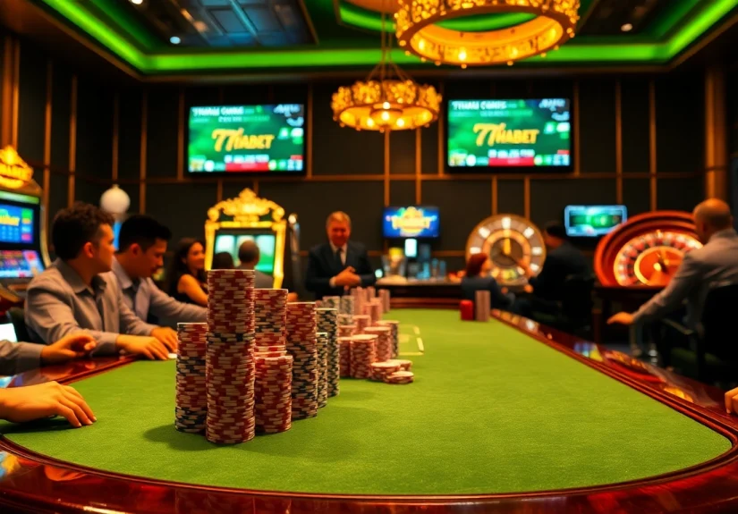 Engage in thrilling gaming action at THABET https://thabet.vegas/ with luxurious tables and vibrant poker chips.