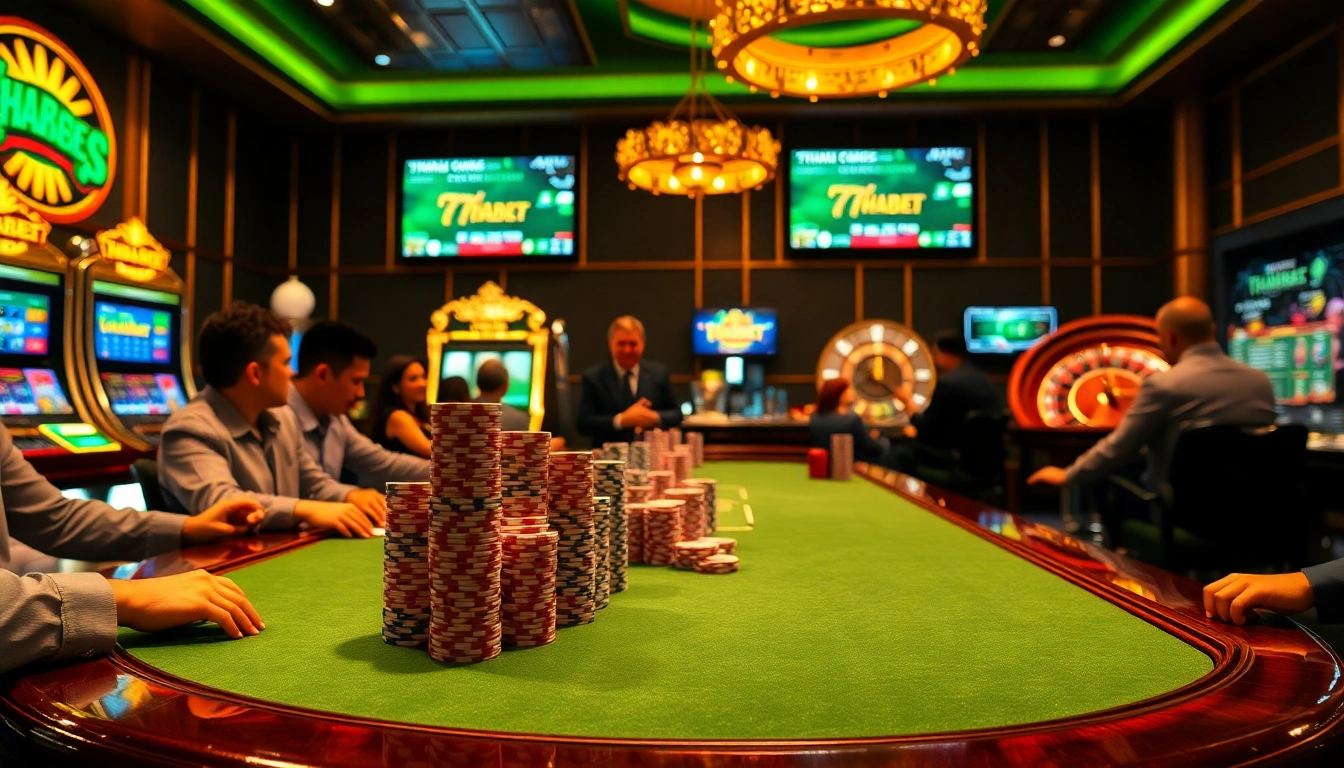 Engage in thrilling gaming action at THABET https://thabet.vegas/ with luxurious tables and vibrant poker chips.