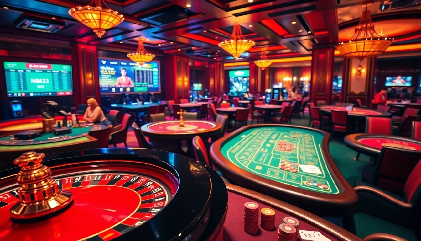 A vibrant casino scene with roulette and poker tables, highlighting gaming excitement at https://nh8833.com/.