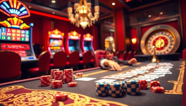 Action-packed scene of gamblers at nhà cái 789club table with cards, chips, and dice.