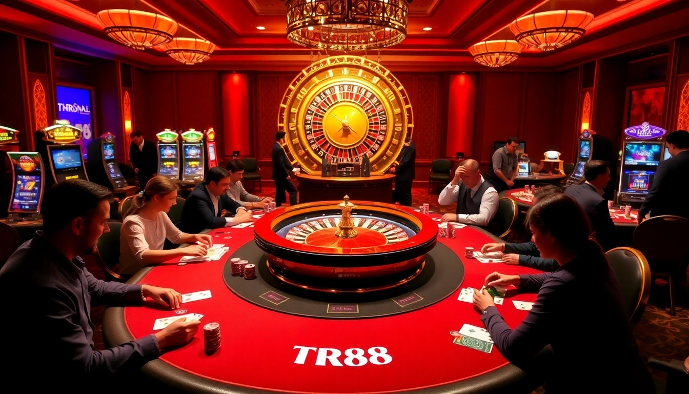 Engaging gamblers at TR88 themed poker tables in a luxurious casino atmosphere.