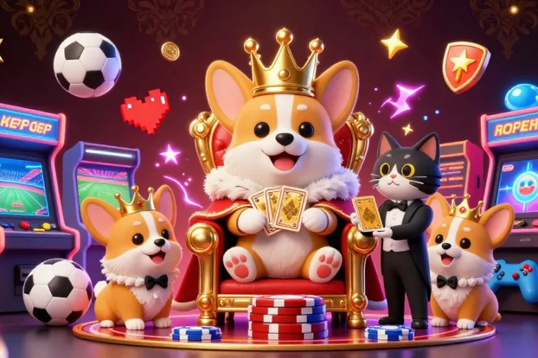 Engage in sports betting with link judi bola while enjoying this vibrant gaming illustration featuring royal corgi characters.