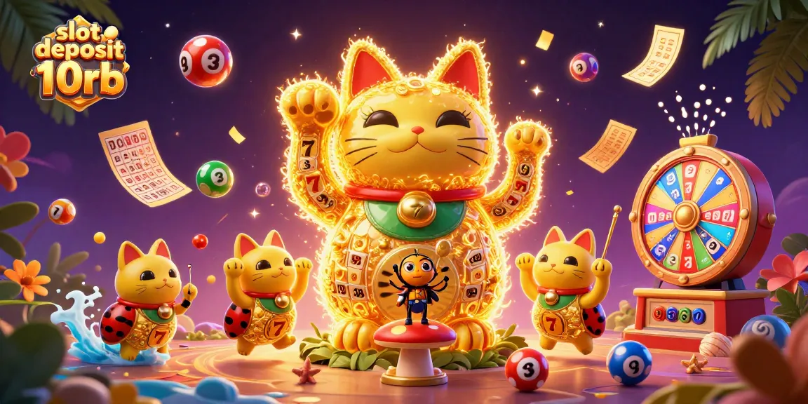 Engage in gaming adventures with slot deposit 10rb, featuring a lucky cat amidst dynamic casino symbols.