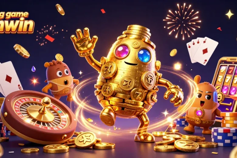 Cổng game Sunwin showcases a golden golem amidst dynamic casino elements, radiating excitement and winning potential.