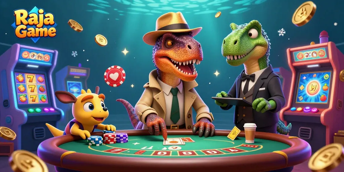 Experience thrilling gameplay on Raja Game with a velociraptor card counter at a blackjack table amidst exciting slot games and vibrant elements.