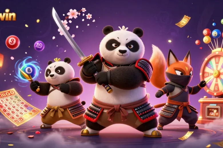 Experience the excitement of Sunwin with samurai panda and fox ninja surrounded by vibrant lottery elements.