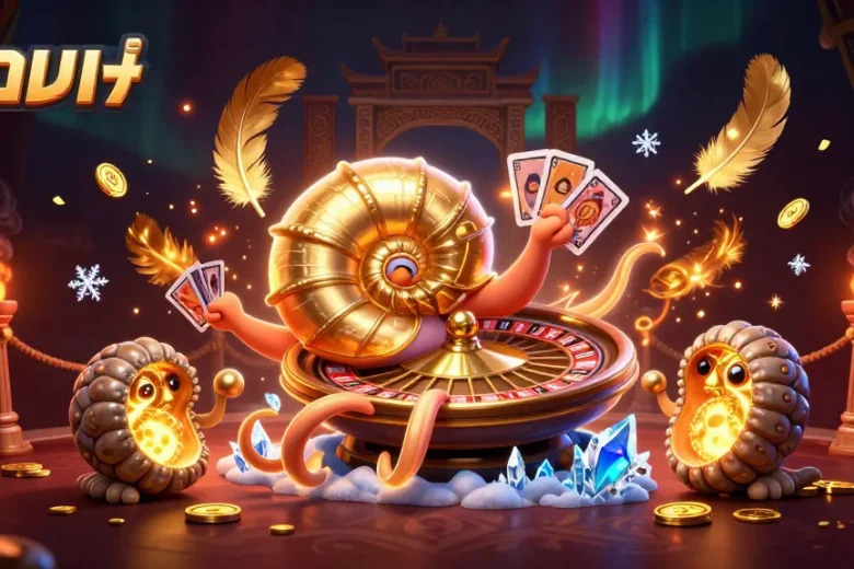 Engage in แทงบอล with a mythical nautilus holding cards amidst a vibrant casino scene.