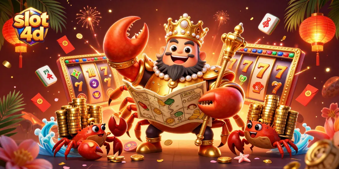 Immerse yourself in slot 4d world with a golden crab emperor and vibrant casino symbols.