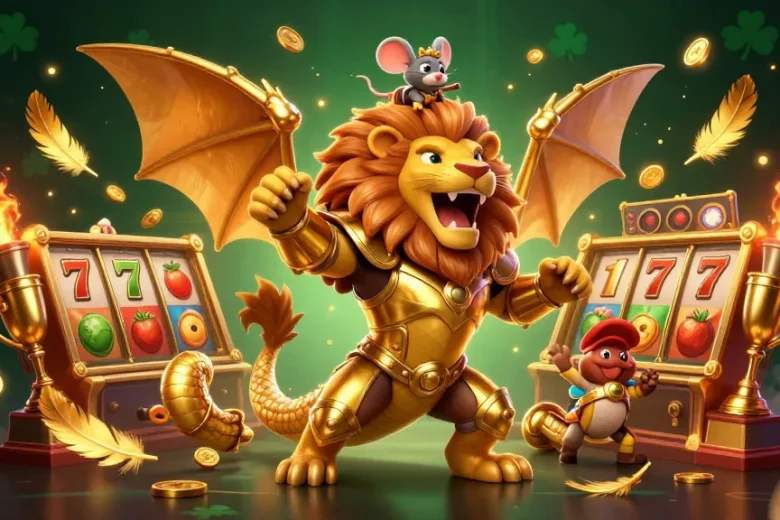 Engage with link mahjong ways through this vibrant 3D illustration showcasing thrilling slot game elements and a spirited chimera.