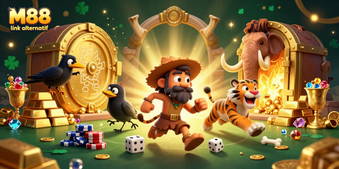 M88 link alternatif exciting cartoon scene of caveman and sabertooth duo at a vibrant casino, surrounded by treasure.