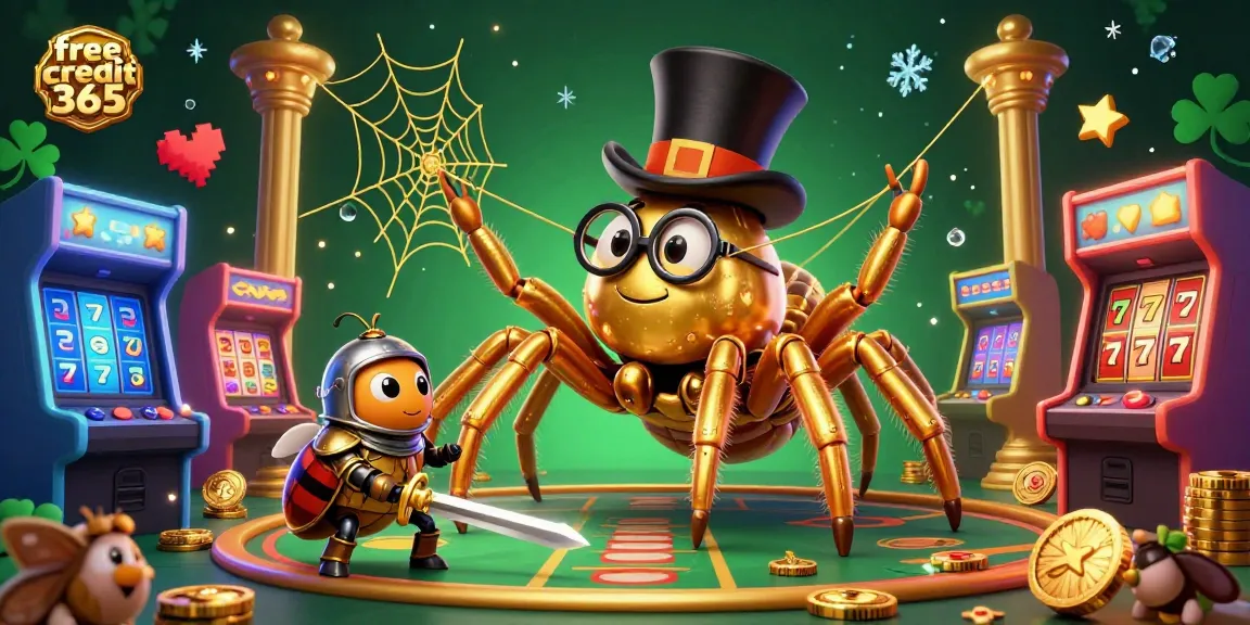Experience thrilling gaming with free credit 365 as a golden tarantula weaves a web of casino fun.