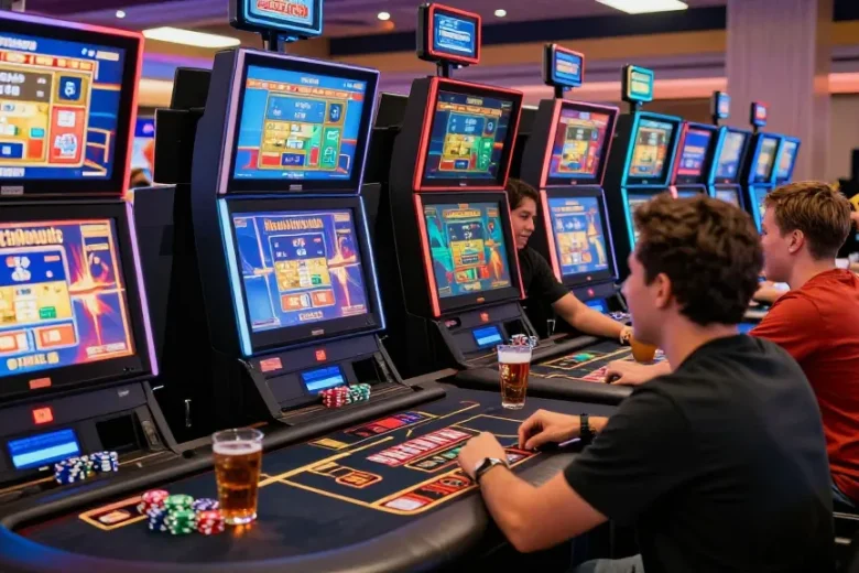 Enjoy a lively online casino environment at https://mhfe.org.uk showcasing players using credit cards at gaming stations, highlighting the excitement of digital gambling.