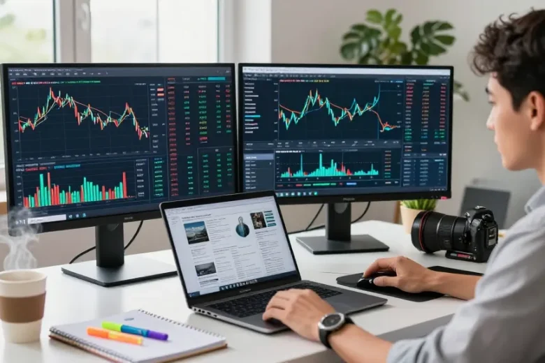 Kakakjudi trader sedang menganalisis data pasar di kantor rumah modern.