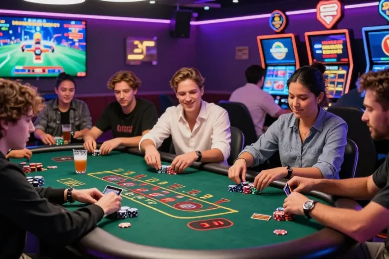 Online casinos that accept credit cards in a lively gaming atmosphere with diverse players enjoying table games and colorful neon lights.