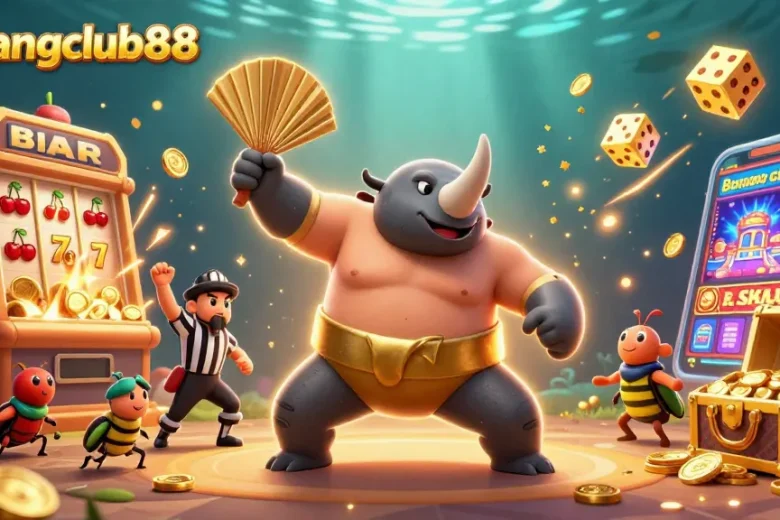 Enjoy exhilarating wins with menangclub88 in this vibrant casino-themed illustration featuring a dynamic scene.