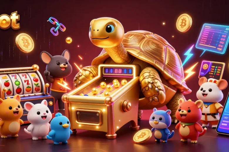 Bermain slot dengan simbol keberuntungan pada mesin pinball raksasa bersama karakter ceria.