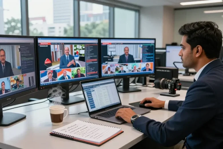 News reporting scene illustrating dynamic coverage of Indian current events on https://www.theindaily.com, highlighting vibrant newsroom activities.